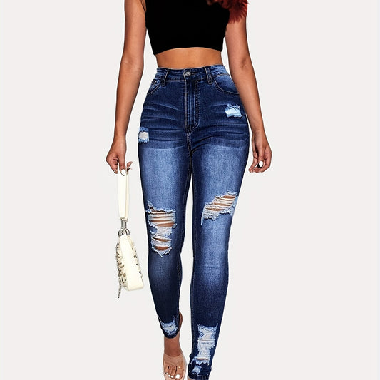 High Rise Ripped Leg Skinny Jeans Water Ripple Embossed Denim Pants