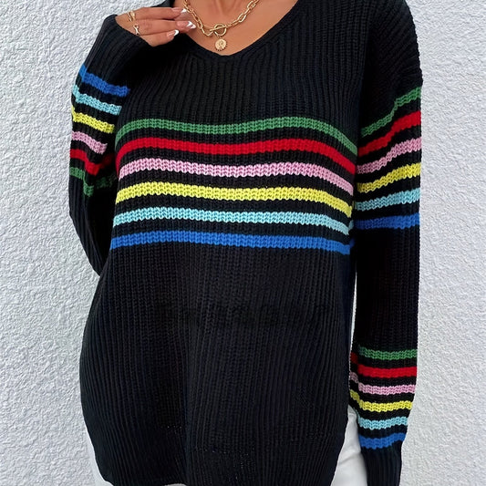 Rainbow Stripe Pullover Sweater V Neck for Women