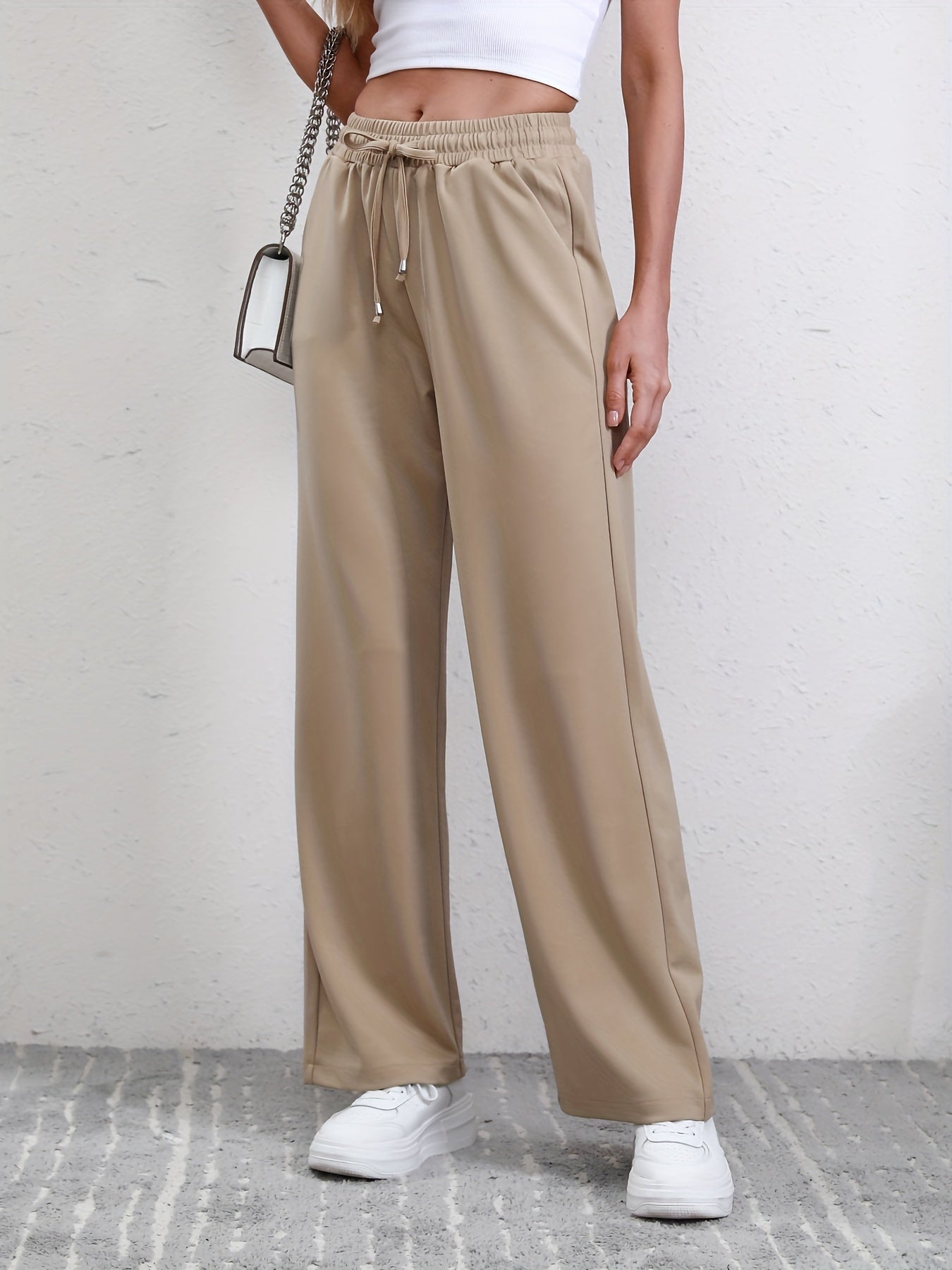 Drawstring Waist Straight Leg Pants High Waist Casual