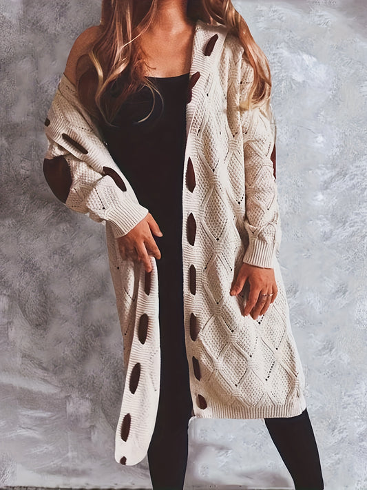  Solid Pointelle Long Sleeve Hooded Open Front Sweater Cardigan