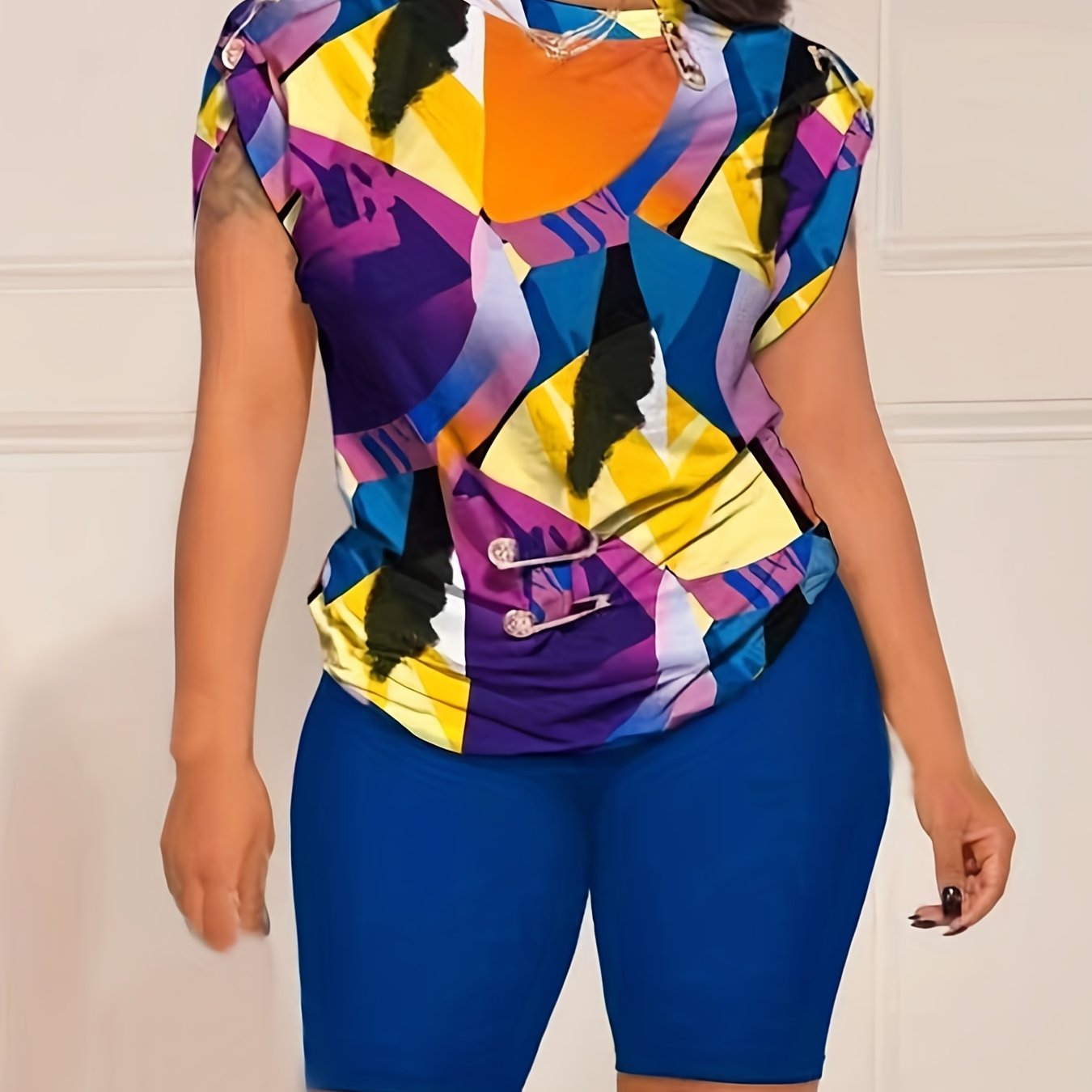  Colorblock Print Pin Decor 2 Piece Set