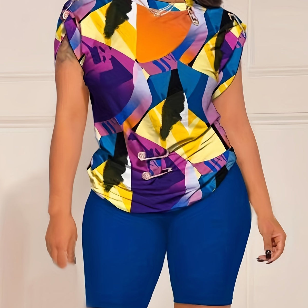 Colorblock Print Pin Decor 2 Piece Set