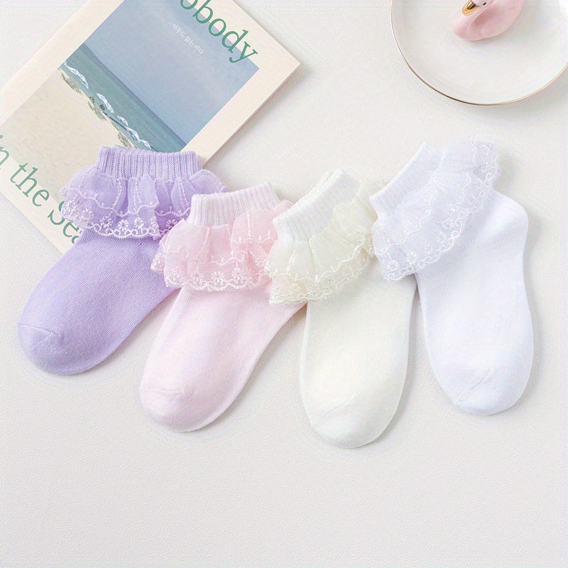 Girls Ruffle Lace Trim Ankle Cotton Socks, 4 Pairs