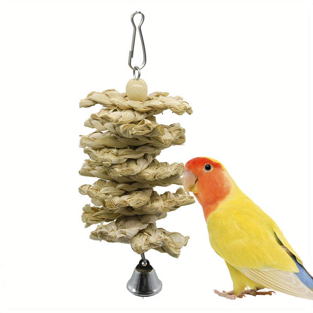 Natural Wooden Parrot Toy with Bell for Chewing Climbing Swinging