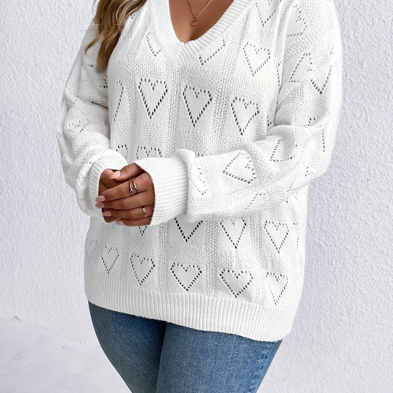  Heart Pattern V Neck Knitted Pullover Jumper