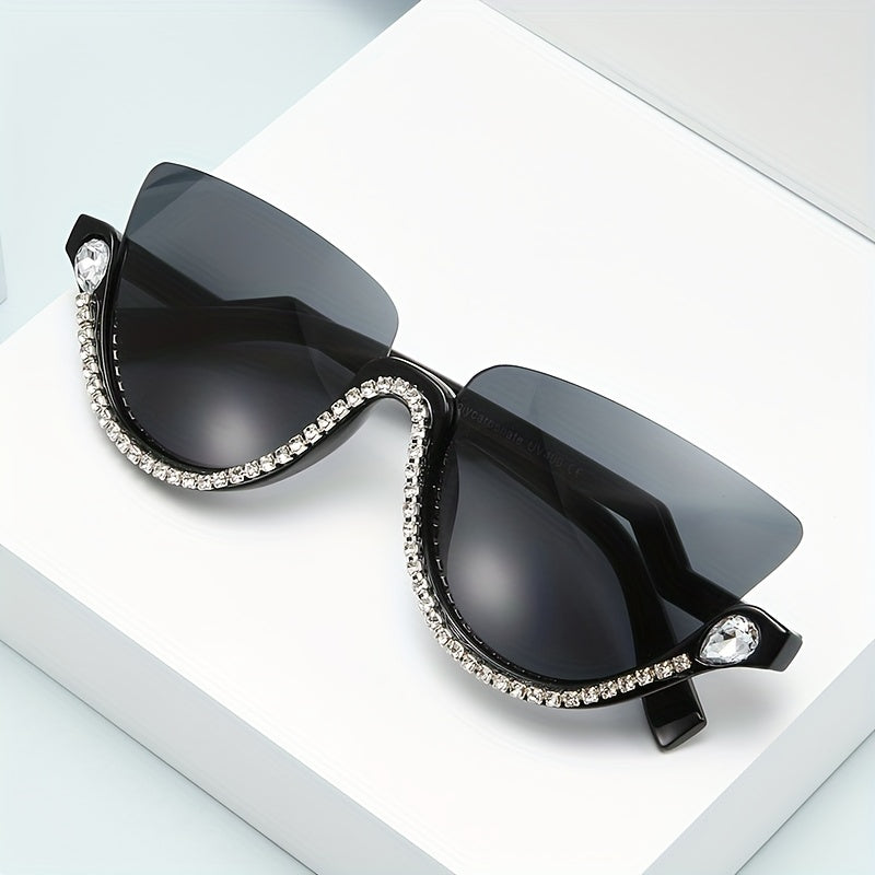 Y2K Cat Eye Semi Rimless Sunglasses with Rhinestones