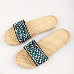 Women's Wave Striped Flat Linen Slides Open Toe Single Band Shoes