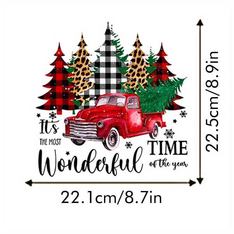 Christmas Car Tree Heat Transfer Sticker DIY Iron On Patch Retro Red Car