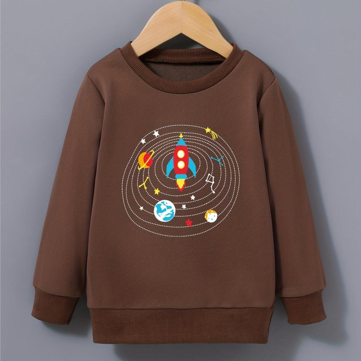 Cartoon Rocket Print Boys Sweatshirt Long Sleeve Crew Neck Tops
