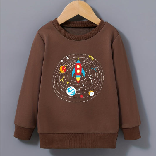 Cartoon Rocket Print Boys Sweatshirt Long Sleeve Crew Neck Tops