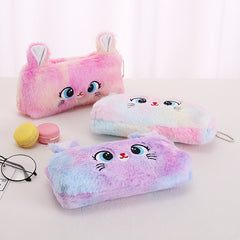 Plush Tie Dye Cat Zipper Pencil Bag Organizer Coin Purse Wallet