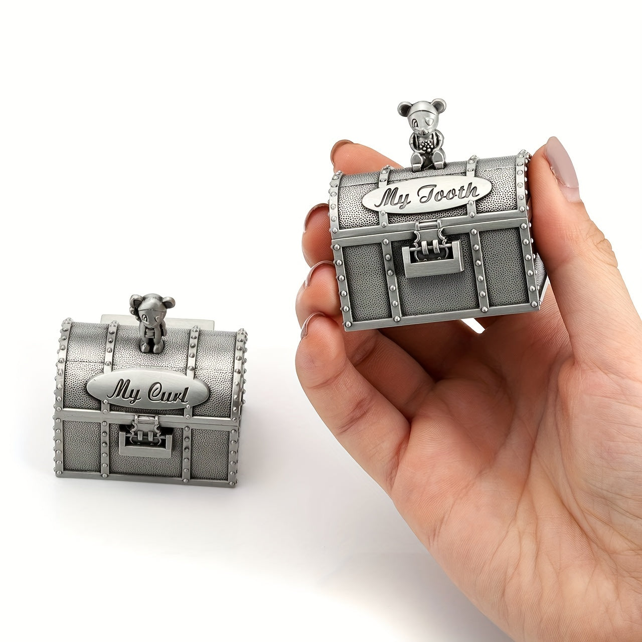 Baby Tooth Treasure Chest Box Silvery Tooth Holder And Curl Organizer Set