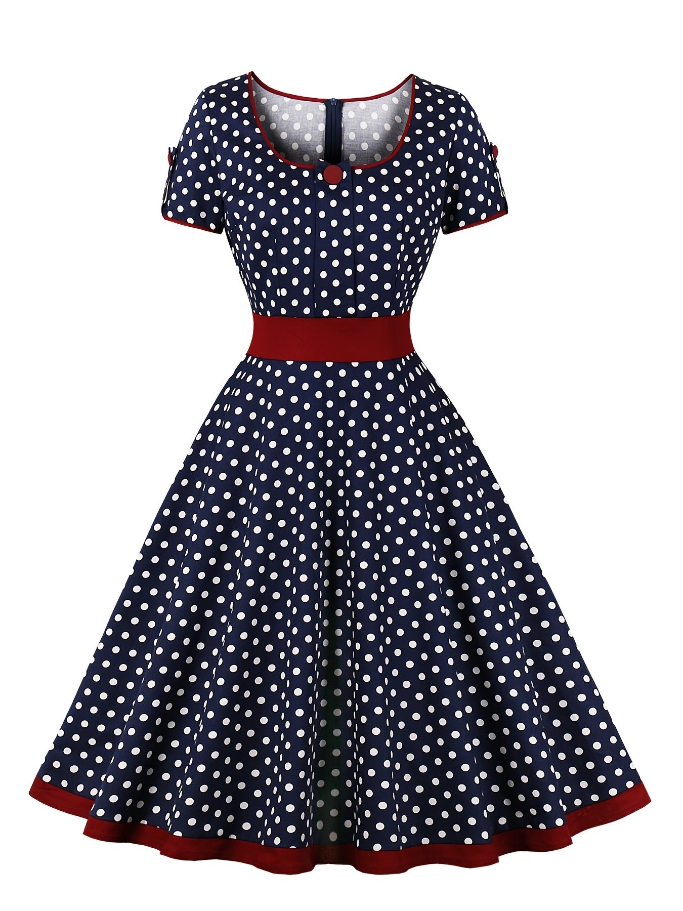 Retro Polka Dot Swing Dress Vintage Crew Neck Puff Sleeve Waist Summer Dresses
