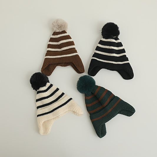 Striped Wool Ball Knitted Hat for Baby Boy and Girl