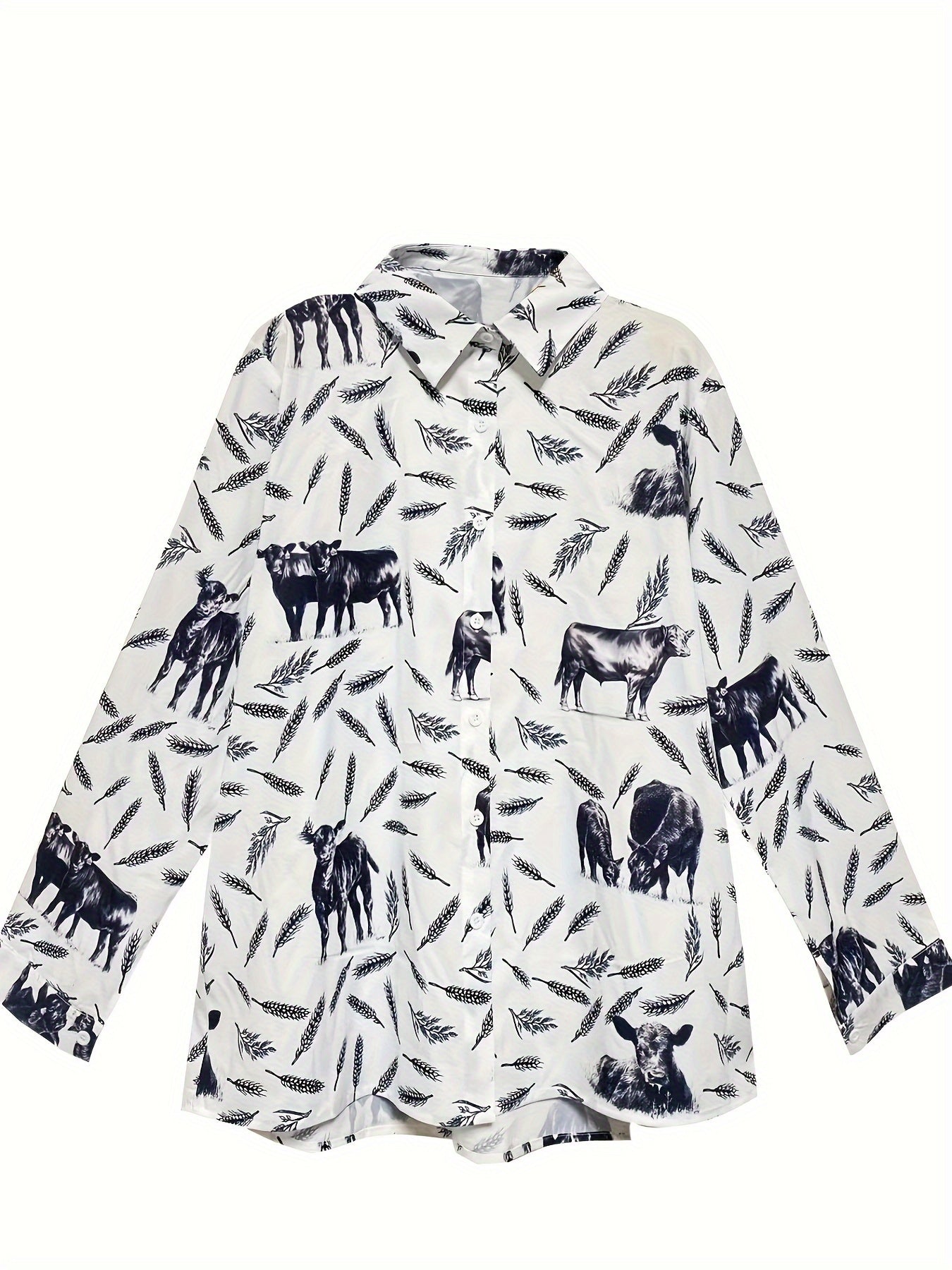  Casual Blouse Women's Cow & Ears Print Long Sleeve Button Up Shirt