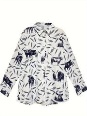  Casual Blouse Women's Cow & Ears Print Long Sleeve Button Up Shirt