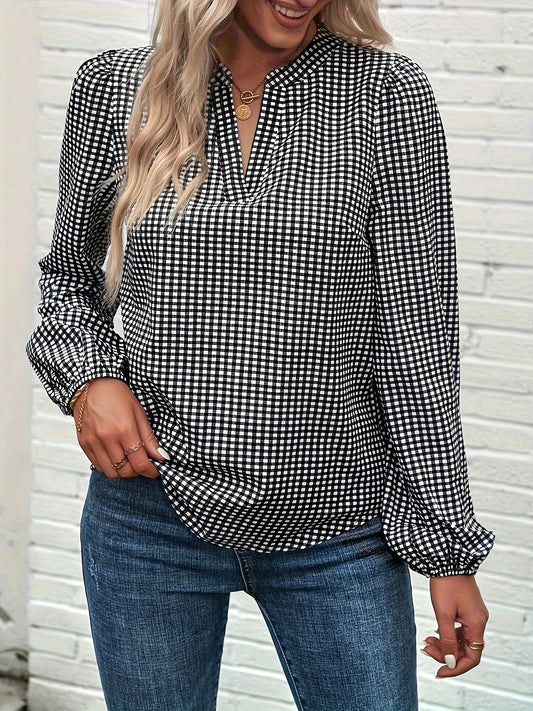  Plaid Print Lantern Sleeve V Neck Shirt Top