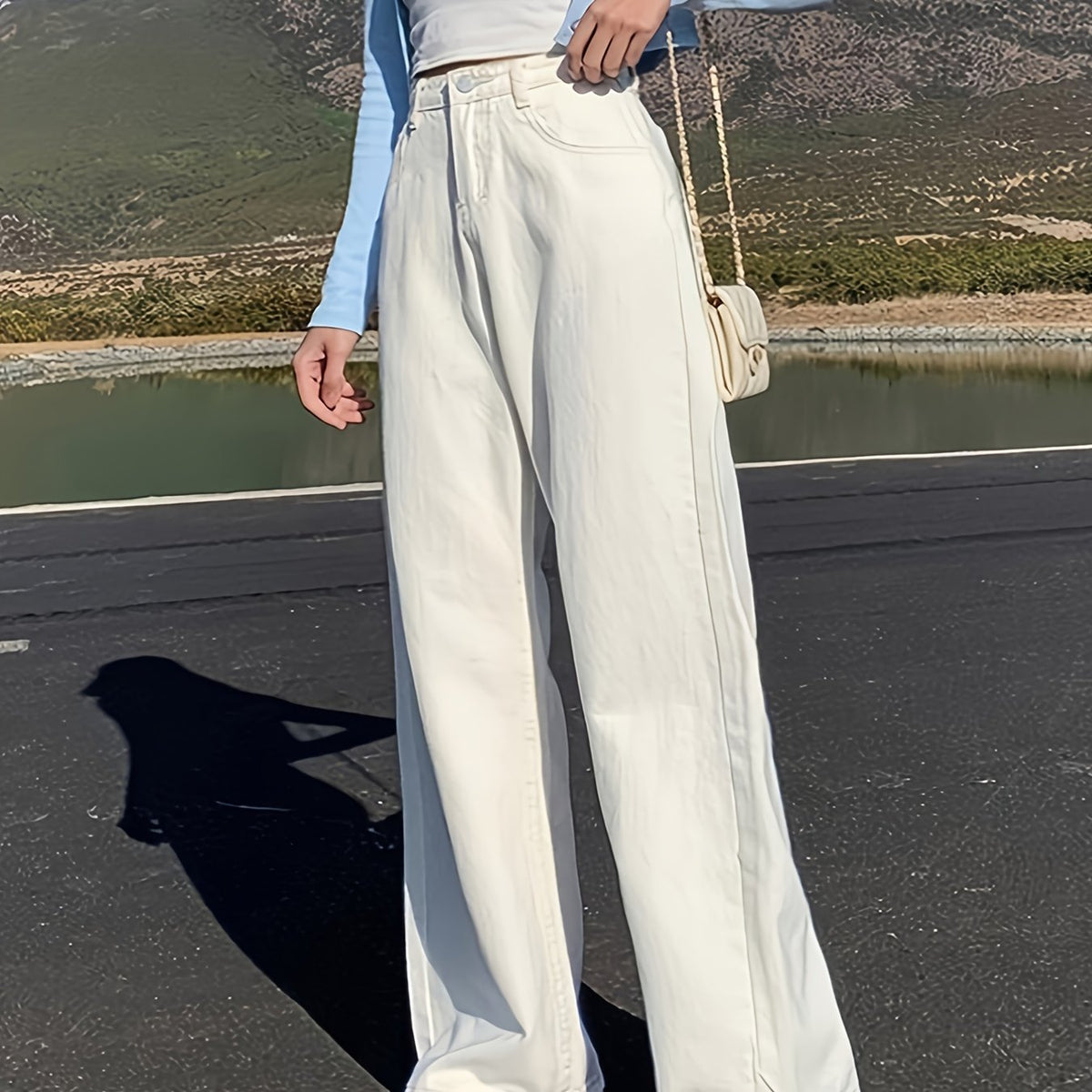 Solid Loose High Rise Denim Pants Wide Leg Jeans