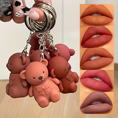 Gray Pink Matte Lip Glaze Bear Keychain Liquid Lipstick
