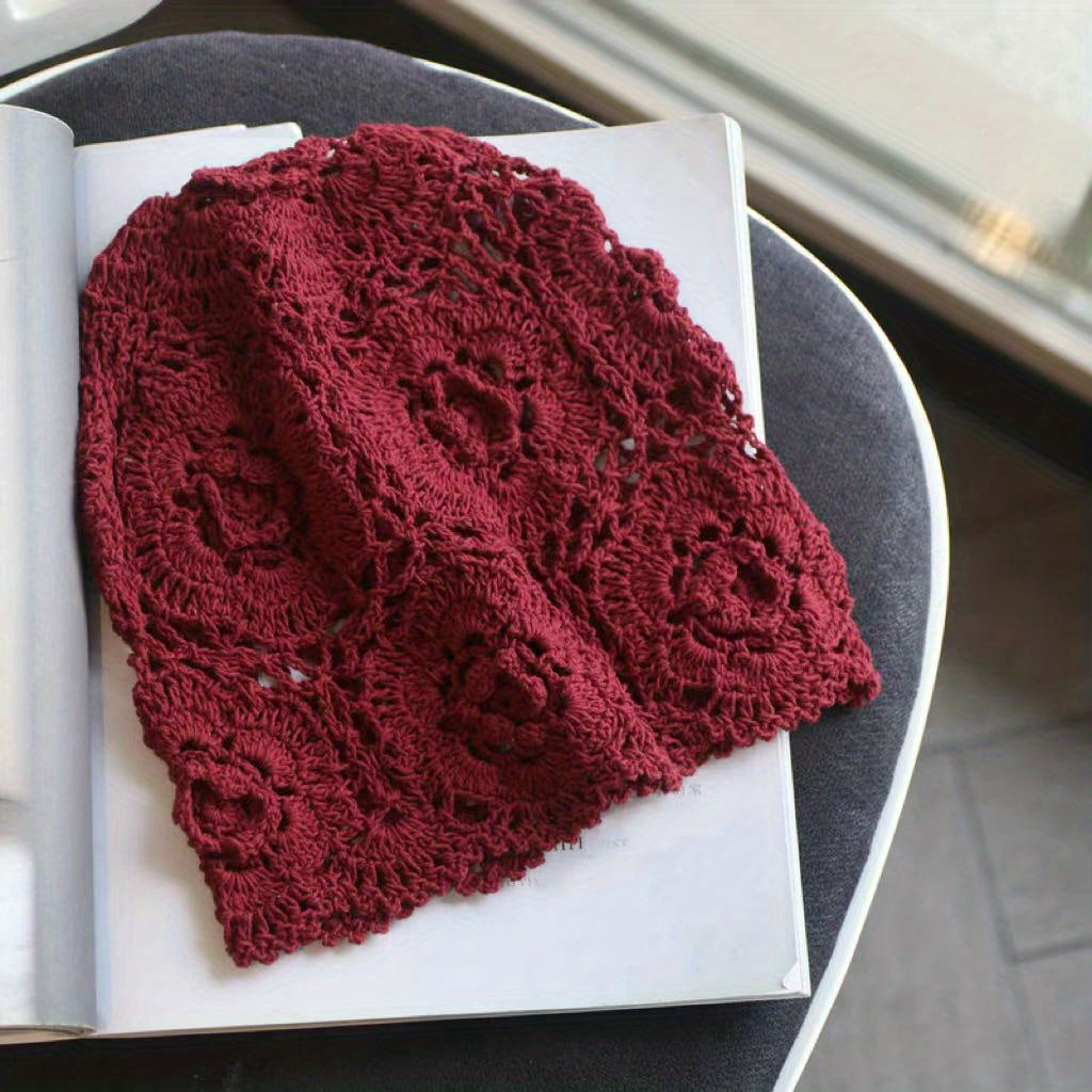 Vintage Flower Crochet Beanie Hollow Out Skull Hat Soft Thin Knit Hats