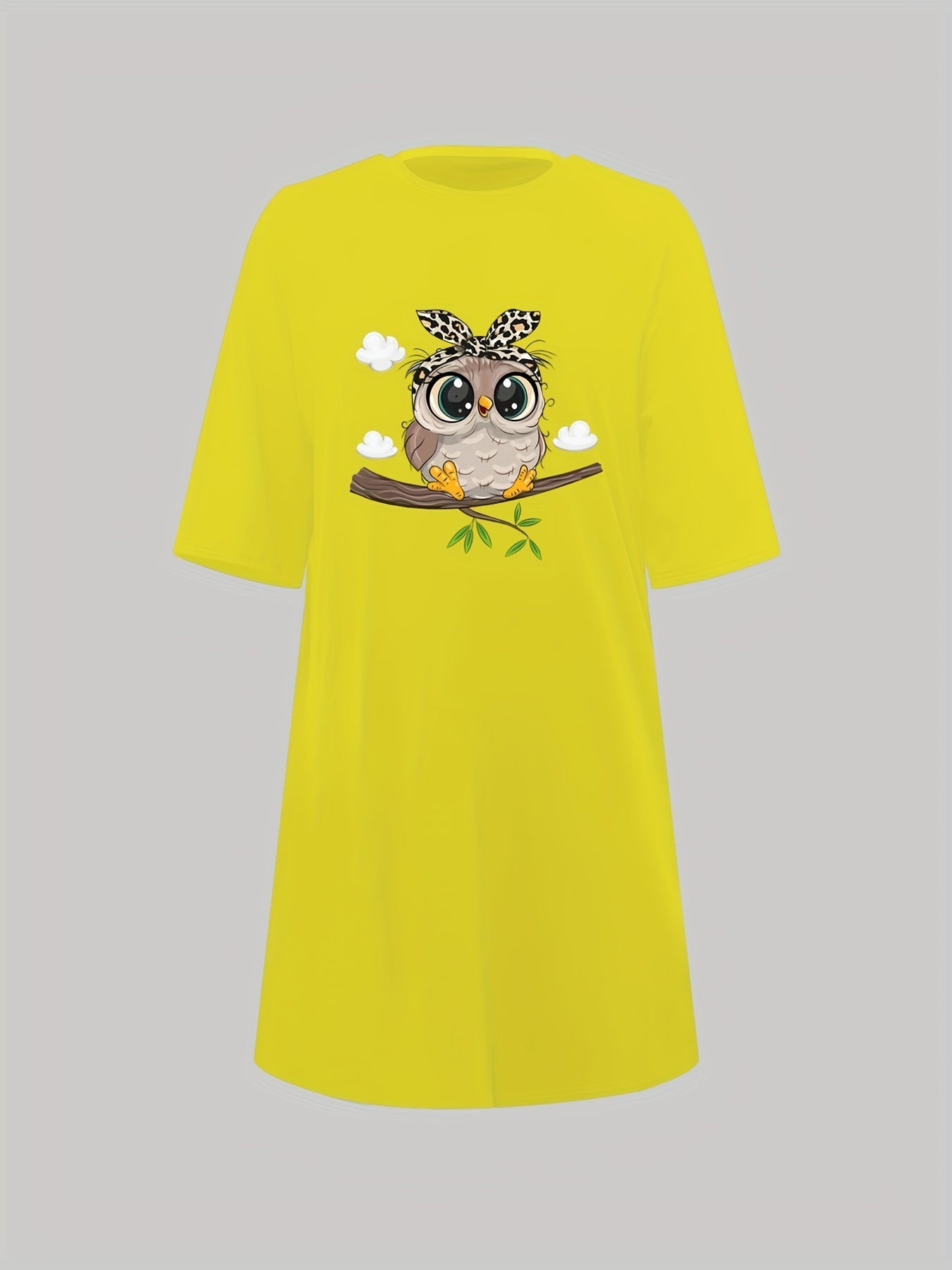  Owl Print Nightdress Short Sleeve Sleep Dress