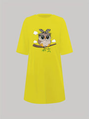  Owl Print Nightdress Short Sleeve Sleep Dress