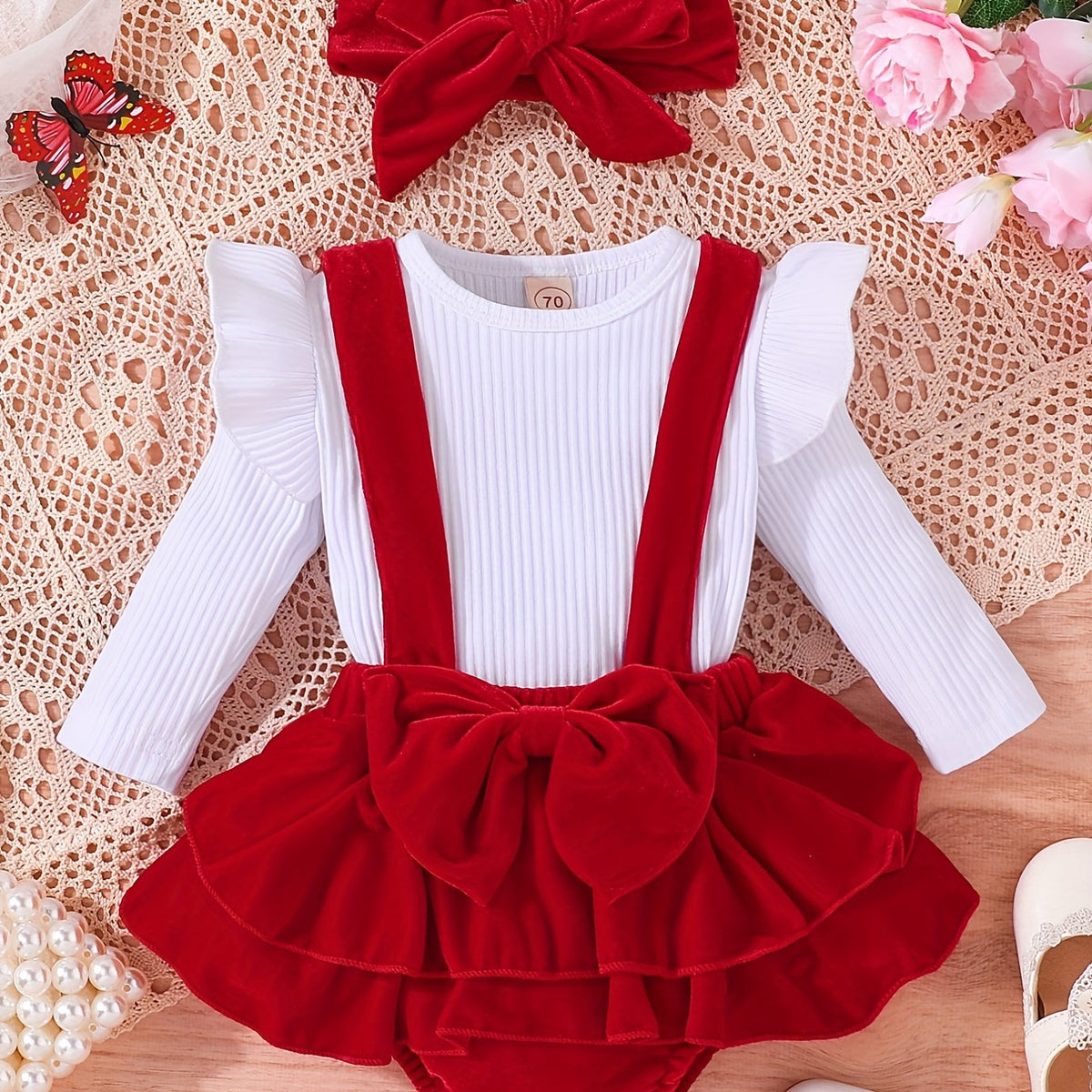 3pcs Baby Girls Tops & Suspender Skirt Onesie & Headband Set