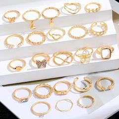 23pcs Exaggerated Flower Butterfly Rhinestone Pearl Ring Set Women's Joint Ring