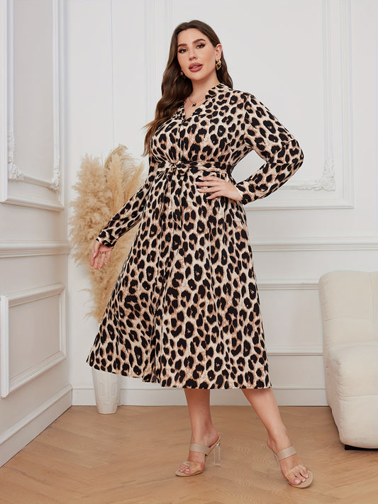  Leopard Print V Neck Midi Dress With Belt