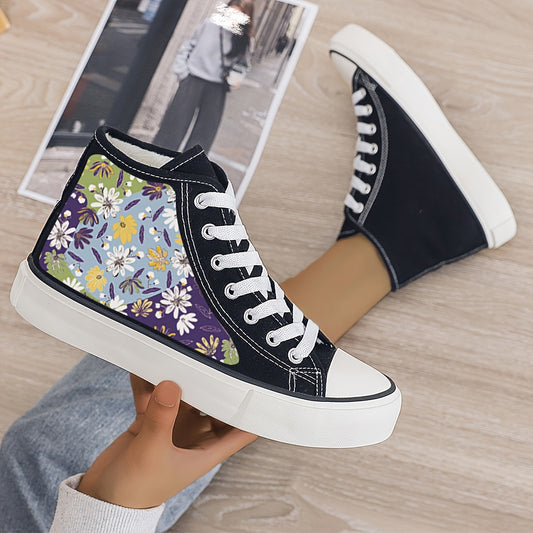 Girl's High Top Floral Skate Shoes Warm Plush Lining Non Slip Lace Up Sneakers