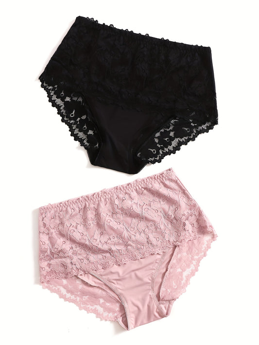 2 Pack Plus Size Lace Briefs Set Women's Mid Rise Breathable Panties