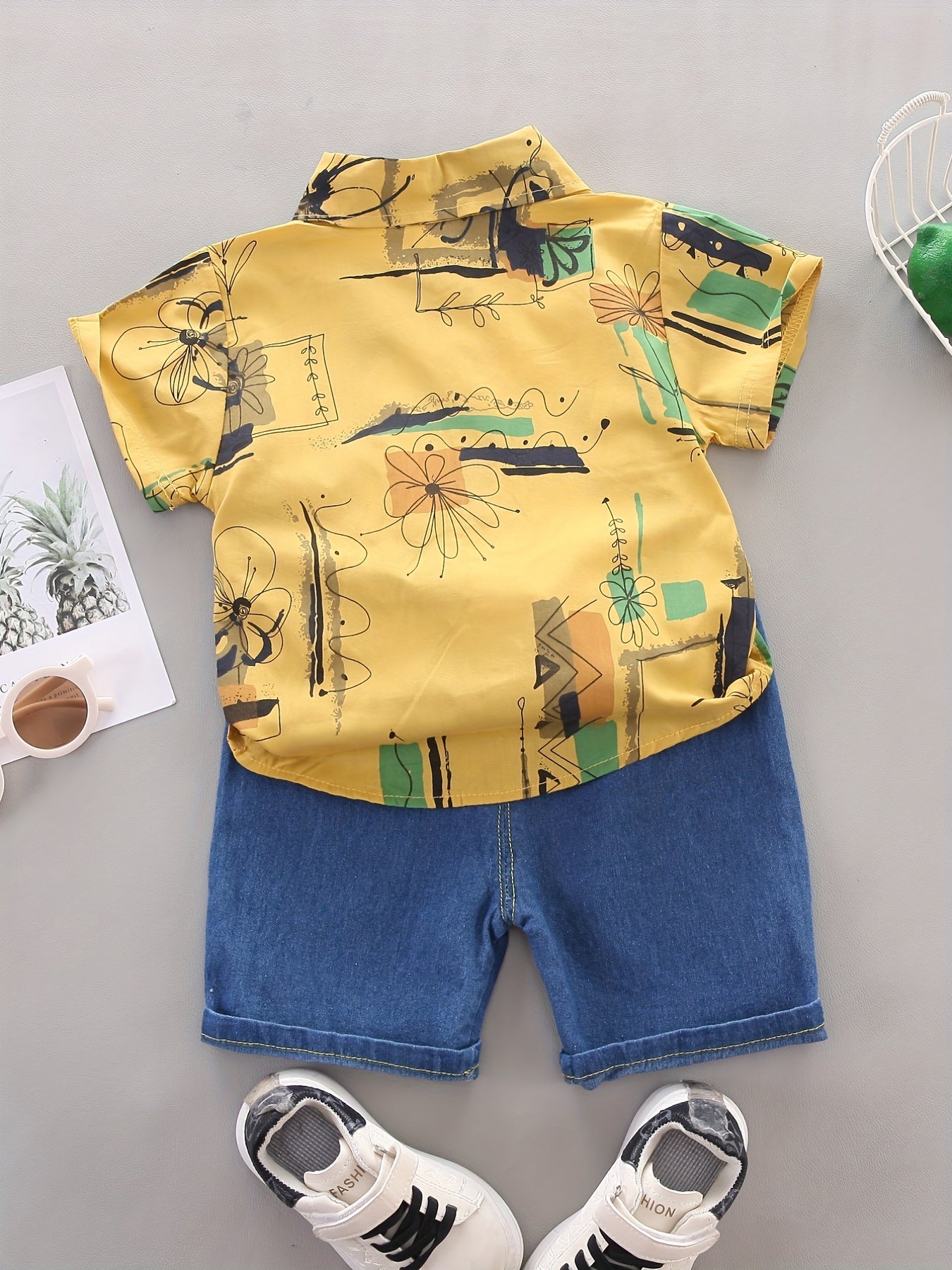 Boys Geo Pattern Lapel Shirt & Denim Shorts Set
