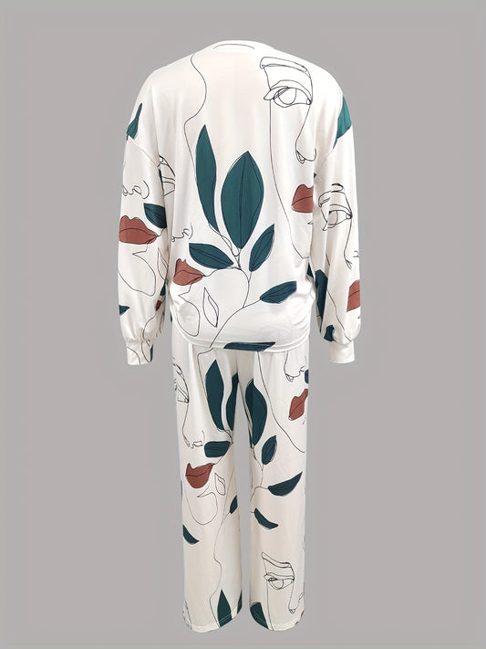 Sketch Face Print 2pc Set Crew Neck Long Sleeve Tops & Wide Leg Pants Outfits