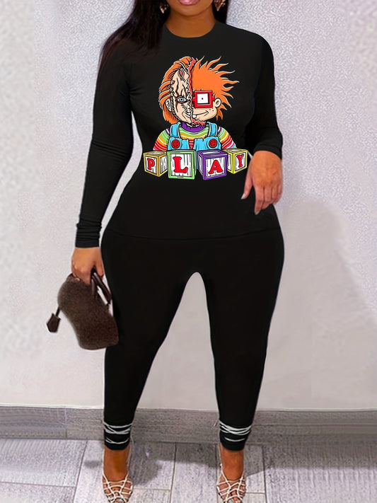 Cartoon Boy Print Two piece Set Casual Long Sleeve T-shirt & Leggings Outfit