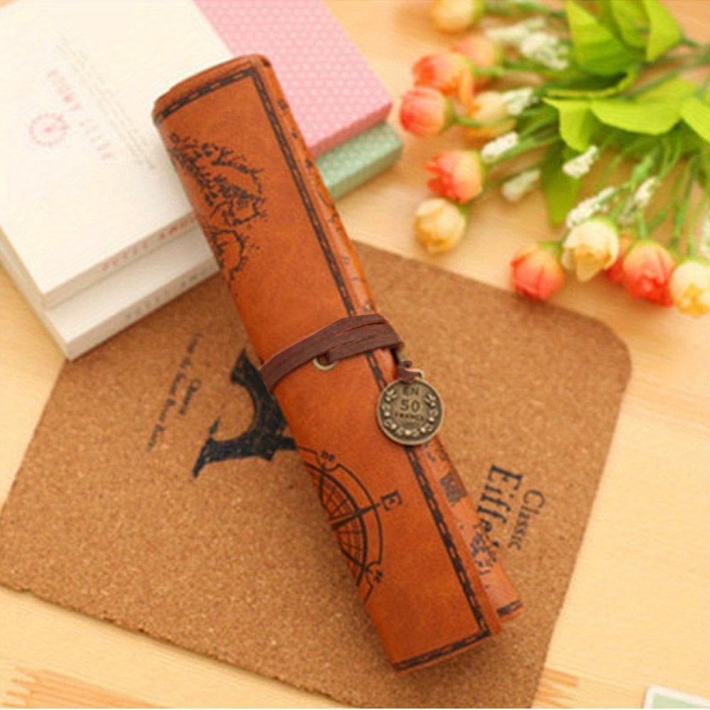 PU Leather Roll up Pen Bag Vintage Treasure Map Pencil Pouch