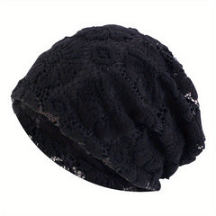 Double Layer Lace Beanies Turban Cap Solid Head Wrap Elastic Skull Cap