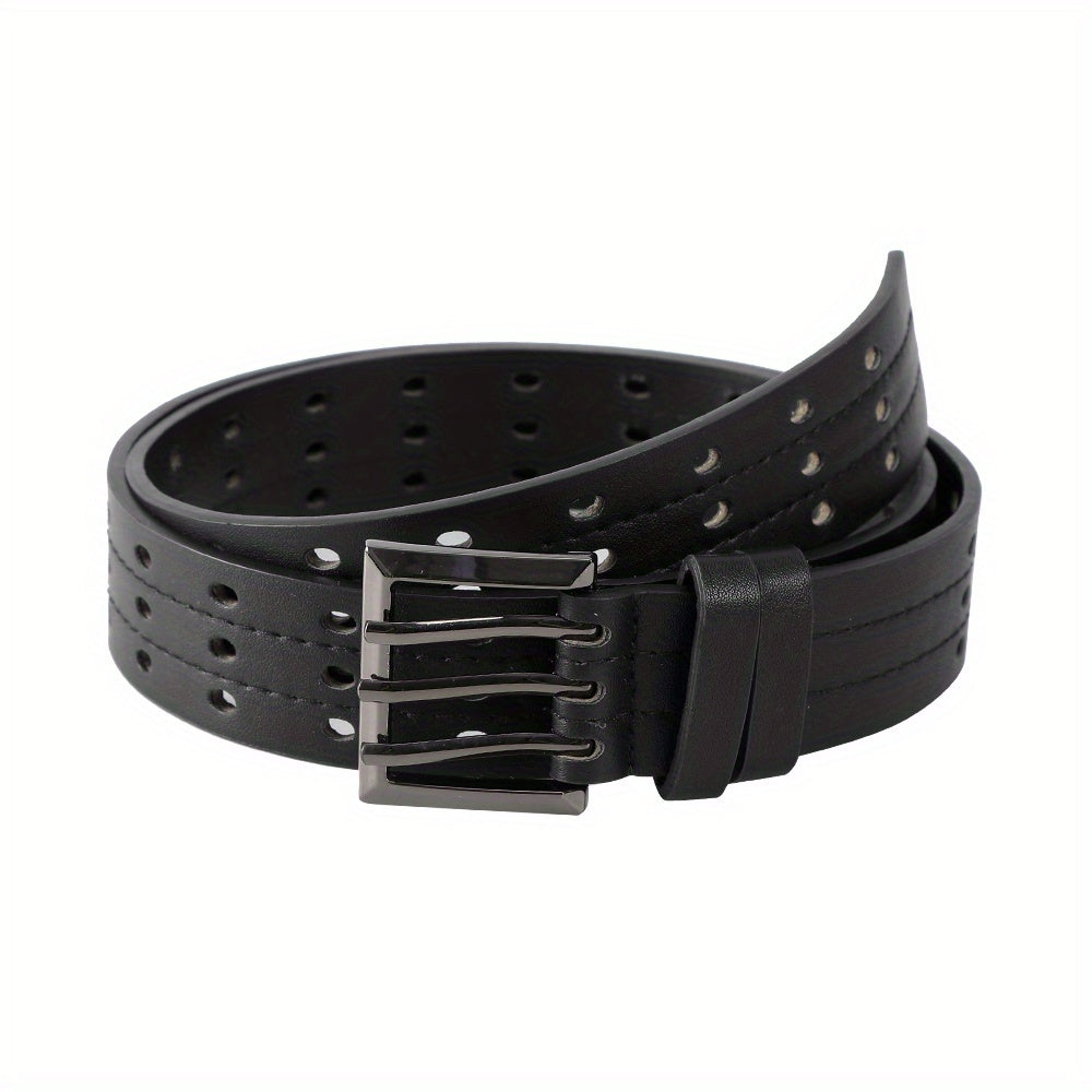 Eyelet Hollow Out PU Belt Stylish Square Three Pin Buckle Waistband