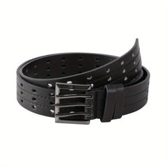 Eyelet Hollow Out PU Belt Stylish Square Three Pin Buckle Waistband