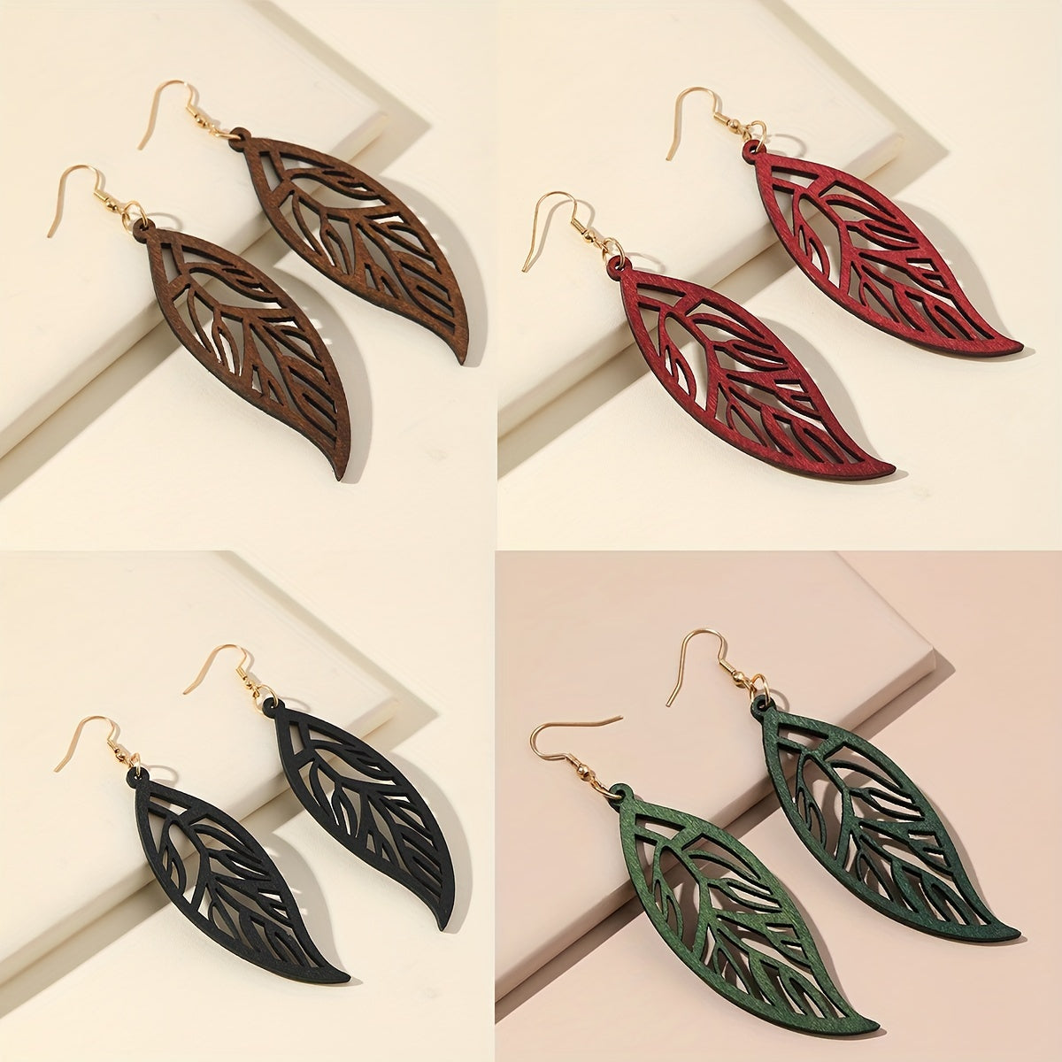 Hollow Leaf Dangle Earrings Bohemian Style Wooden Jewelry
