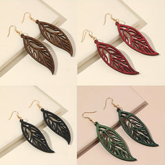 Hollow Leaf Dangle Earrings Bohemian Style Wooden Jewelry