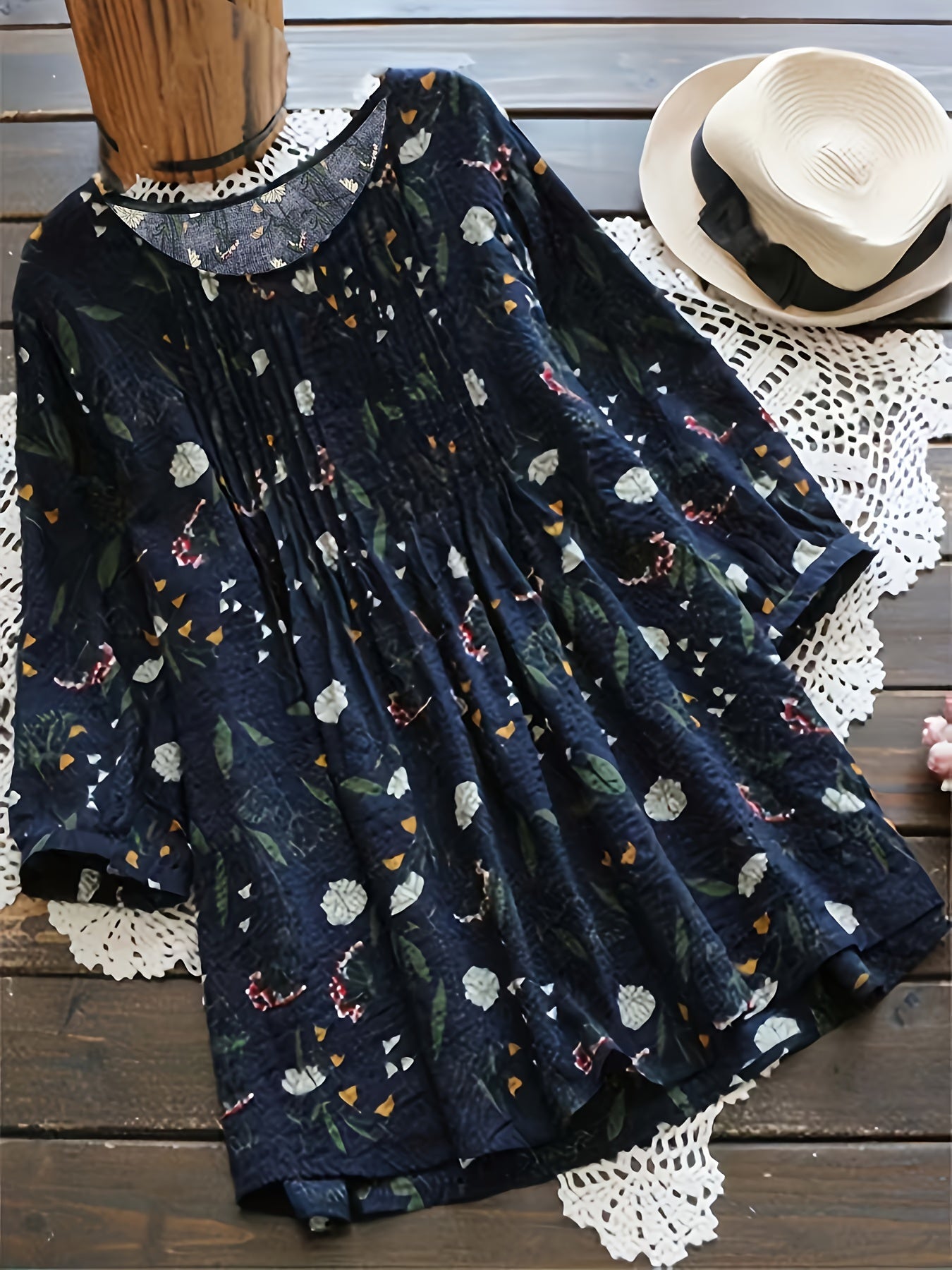  Floral Print Boho Shirt 3/4 Sleeve Ruffled Blouse