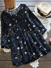  Floral Print Boho Shirt 3/4 Sleeve Ruffled Blouse