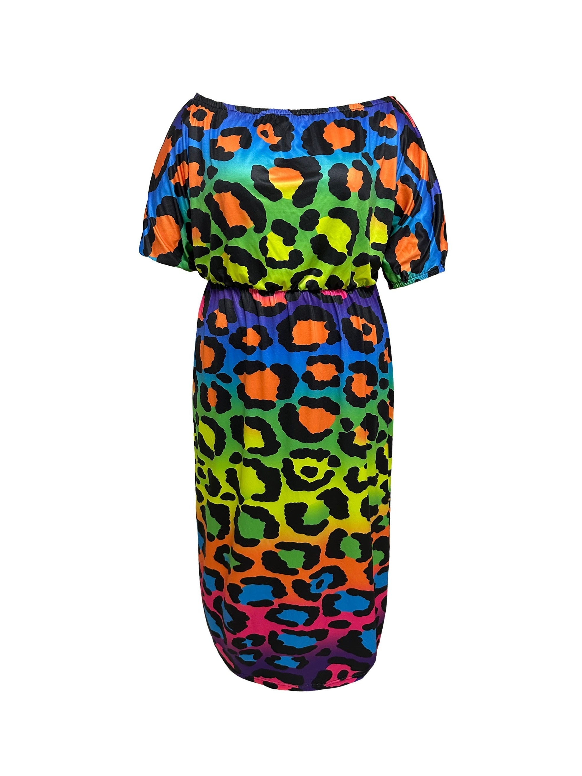  Colorblock Leopard Print Maxi Dress with Bubble Sleeves