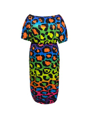  Colorblock Leopard Print Maxi Dress with Bubble Sleeves