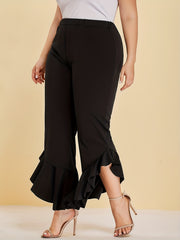  Solid Ruffle Trim High Rise Stretch Pants
