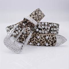 Leopard Inlaid Diamond Punk Style Leather Belt Pants