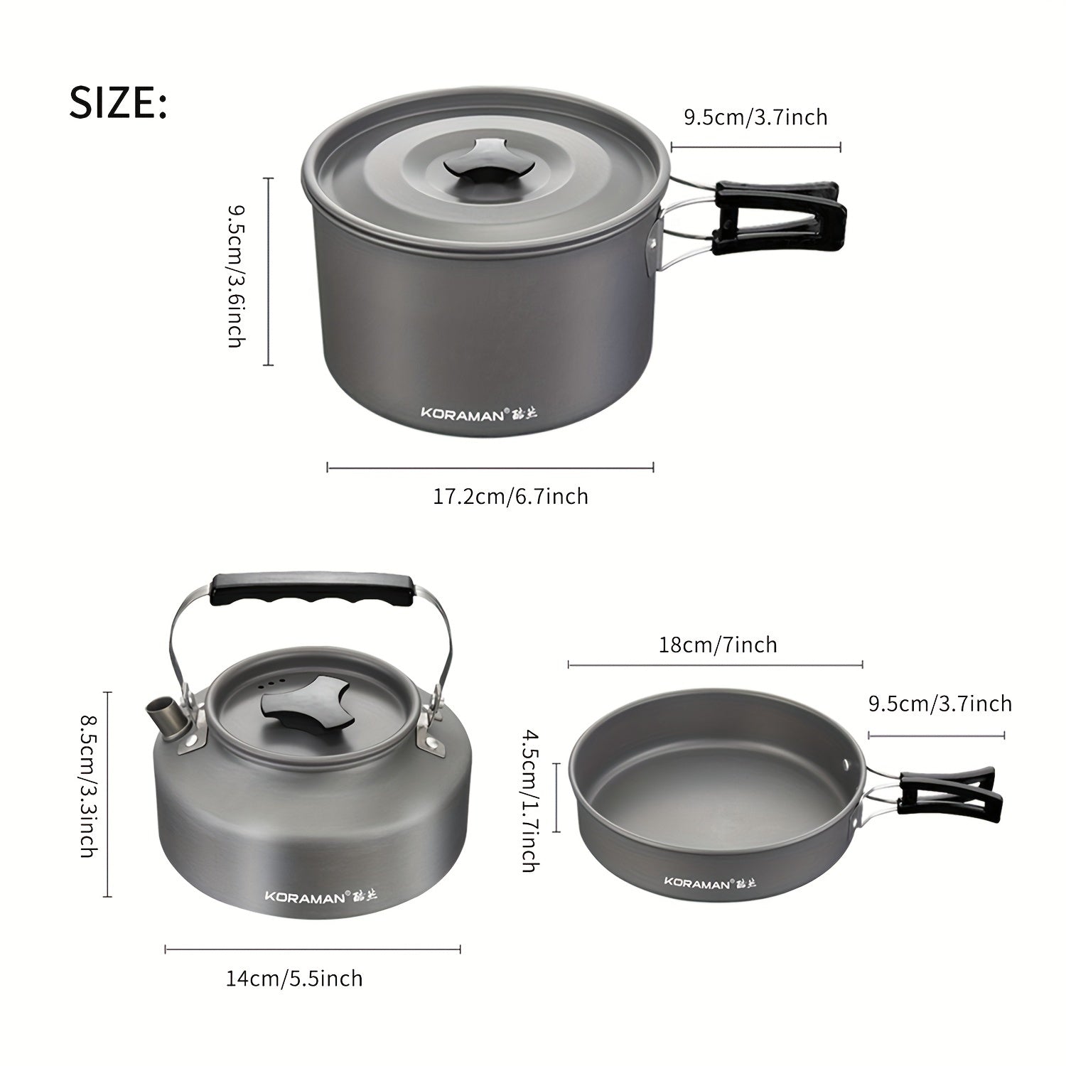 KORAMAN Aluminum Camping Cookware Set Lightweight Pots Pans Teapot with Mesh Bag
