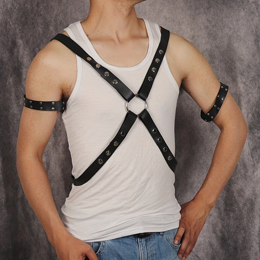 Men's PU Leather Body Chest Harness & Armbands Set for Cosplay Costume