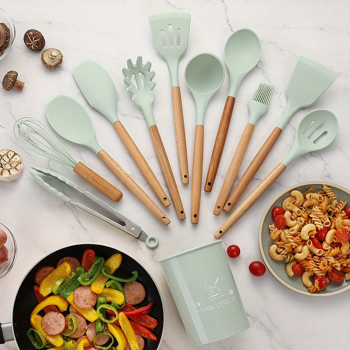 12pcs Silicone Cooking Utensils Set with Wooden Handle