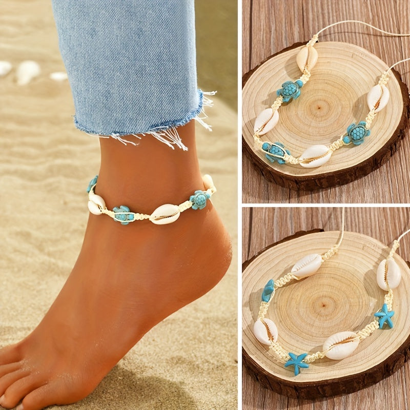 Boho Turtle Starfish Shell Anklet Beaded Braided Adjustable Bracelet